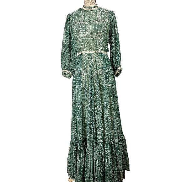 Vintage 70s Susan Small Boho Green Floral Patchwork Print Maxi Prairie Dress - Picture 1 of 15
